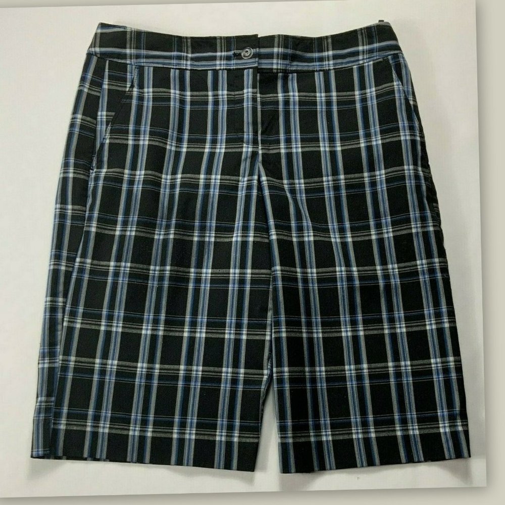 IZOD Perform Size 2 Black Gray Plaid Zip Flat Front Walking Golf Shorts